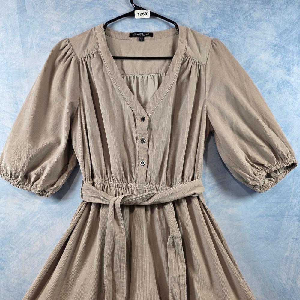 Velvet Heart Tan Corduroy Puff Sleeve Mini Dress V-Neck Ruffle Hem Small - Picture 4 of 8